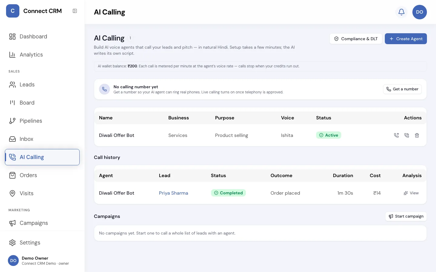The Connect CRM AI Calling page with an active AI agent, call history showing an outcome, and the AI wallet