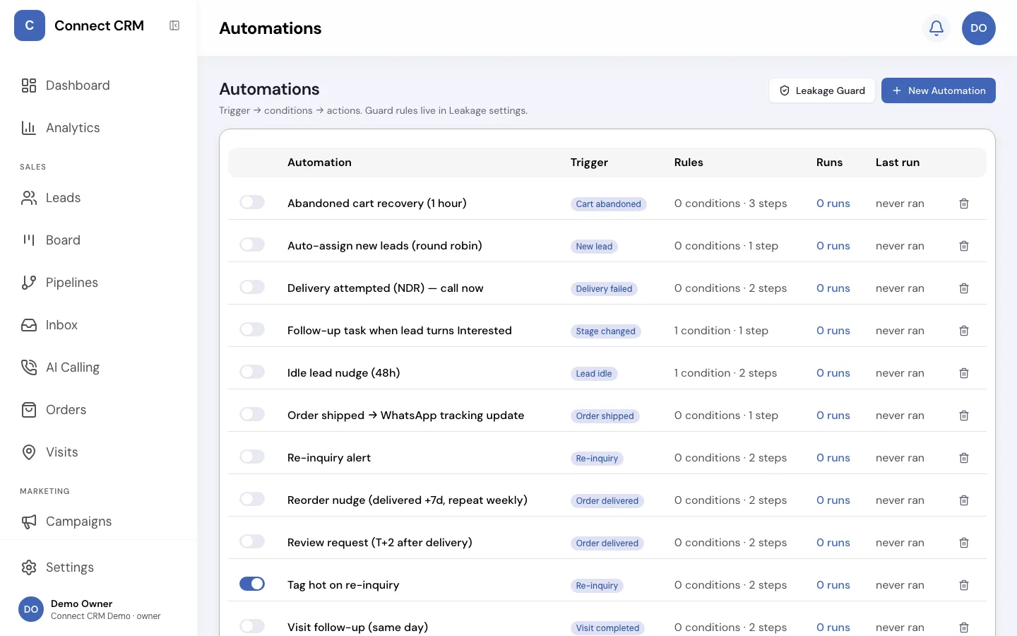 The Connect CRM automations list where follow-ups and AI calls run on triggers