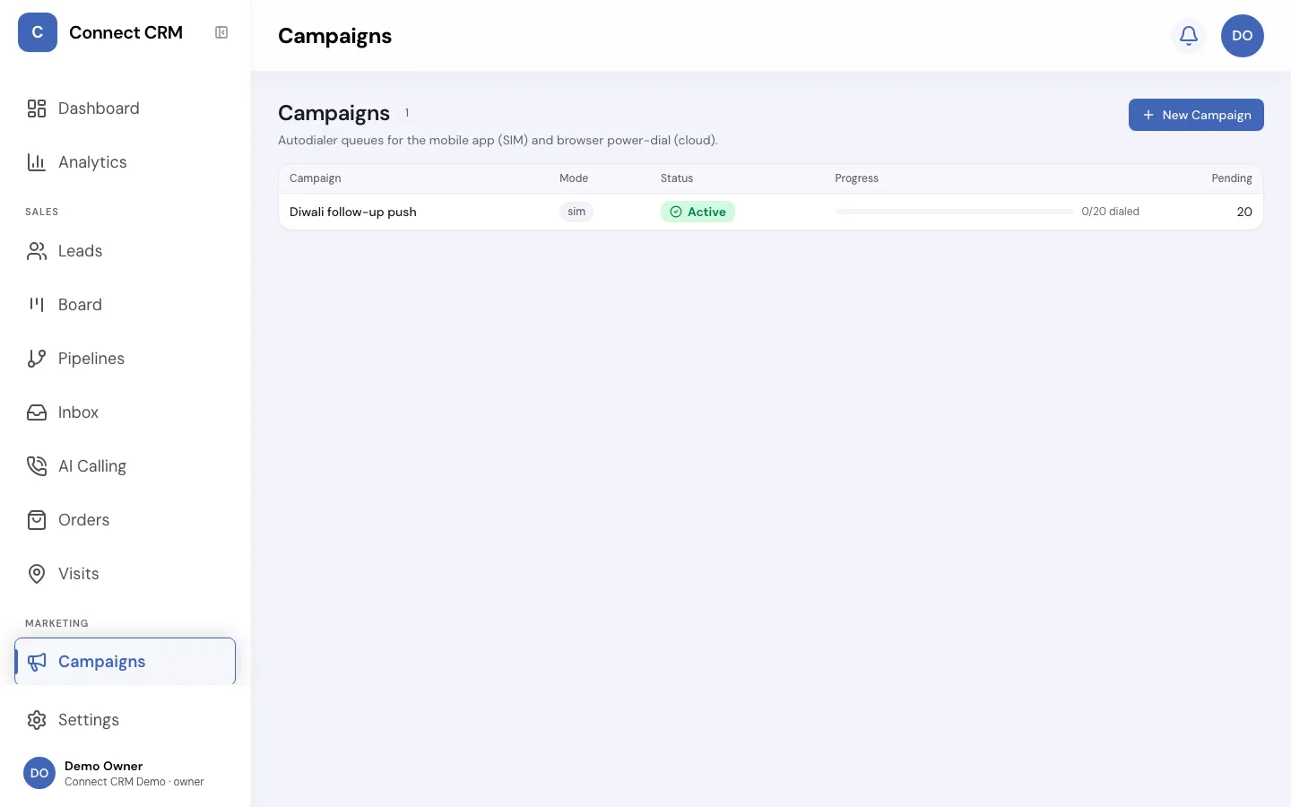 The Connect CRM autodialer campaigns for SIM and cloud power-dialing