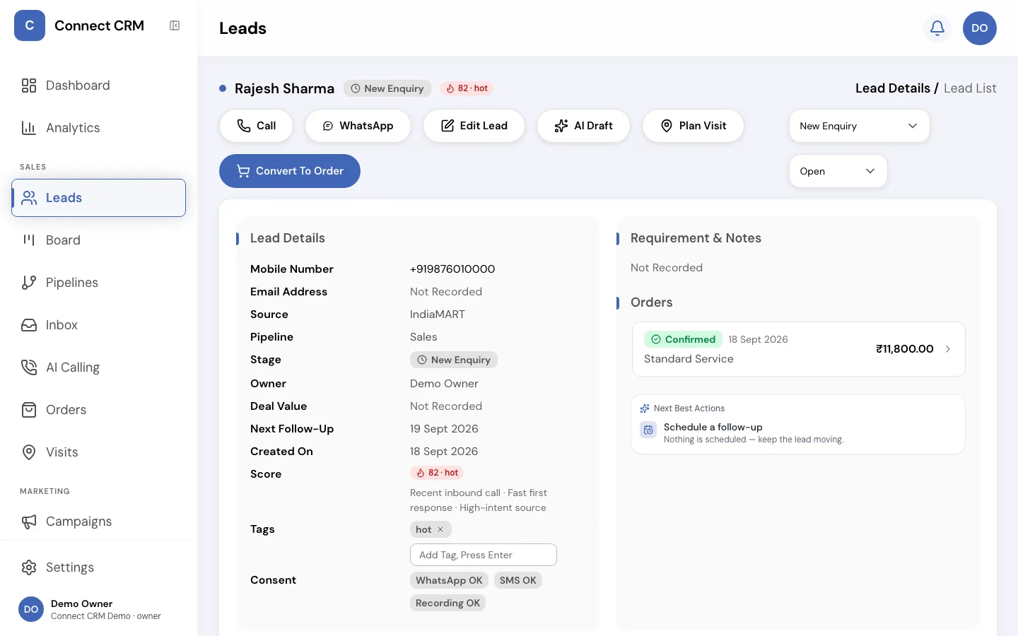A Connect CRM lead detail page with the AI score and reasons, call and WhatsApp actions, order and next-best-action