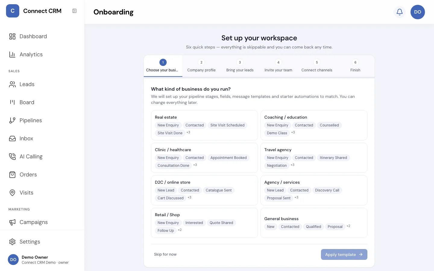 The Connect CRM onboarding wizard that sets up your CRM in about 30 minutes