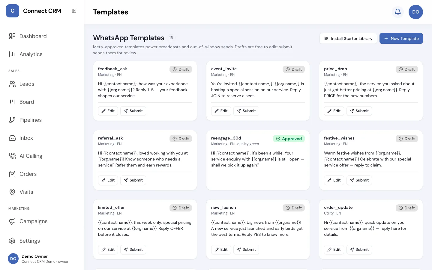 The Connect CRM WhatsApp message templates library