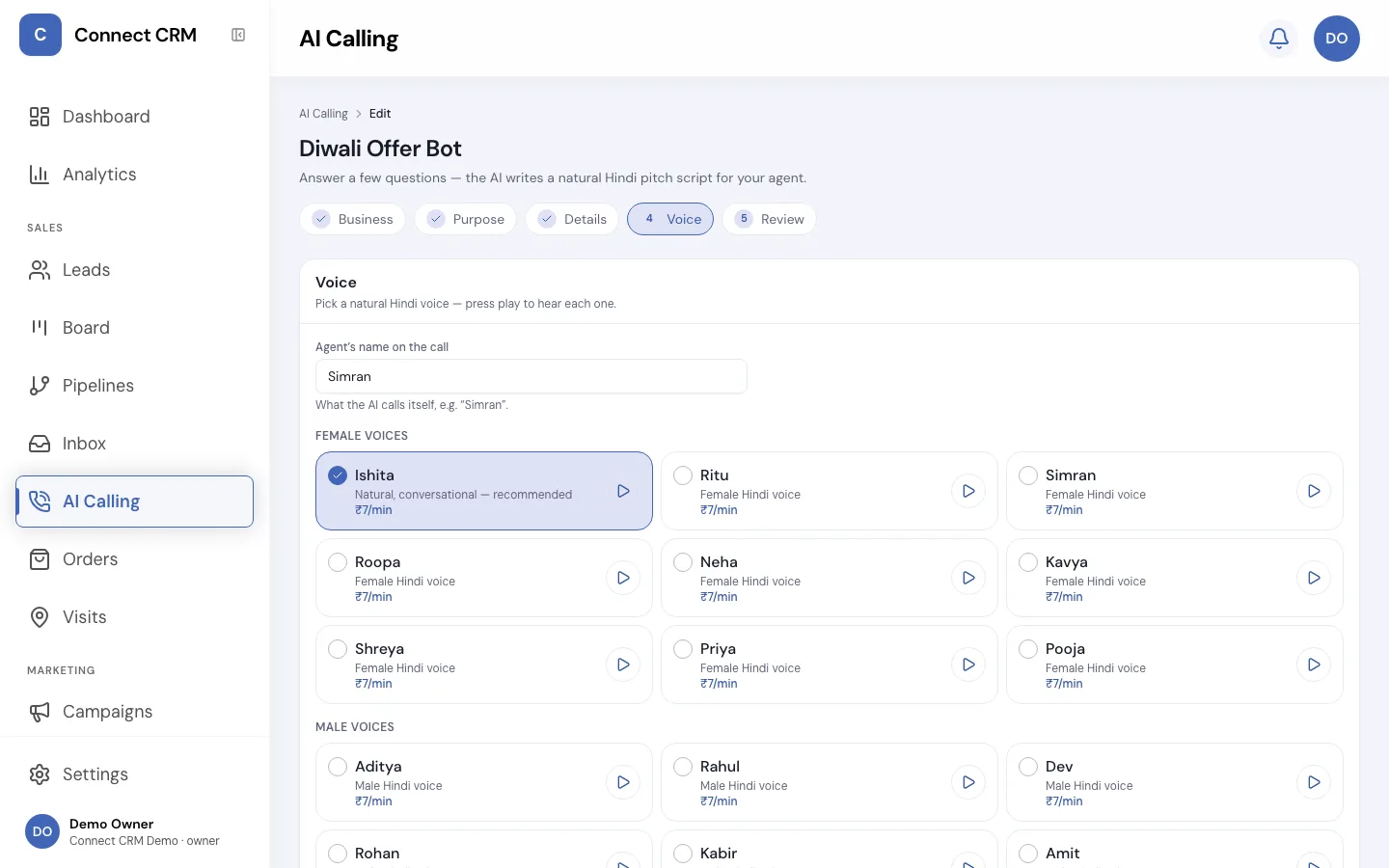 The AI calling voice picker with a gallery of natural Hindi voices and per-minute pricing